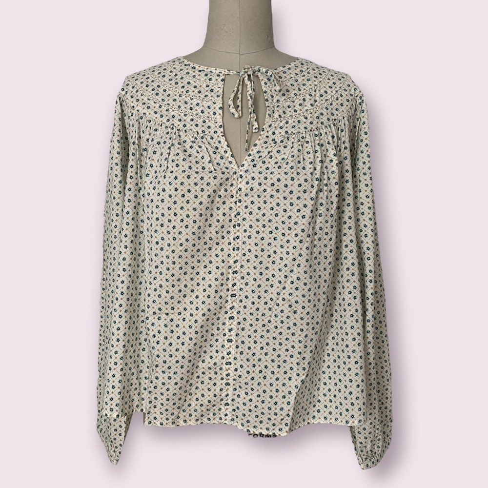Universal Thread Cream Floral Balloon Sleeve Pullover Top Front Ties Siz…